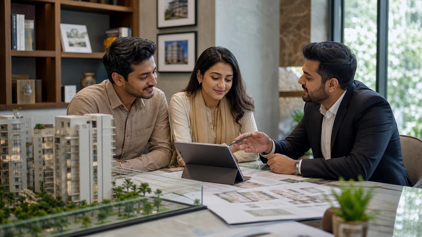 Bangladeshi couple comparing apartment options with a property advisor