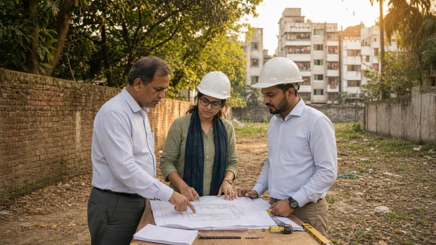 Bangladeshi landowner discussing plot development with an architect and engineer